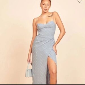 Reformation Sky Blue Polka Dot Midi Slip Dress
